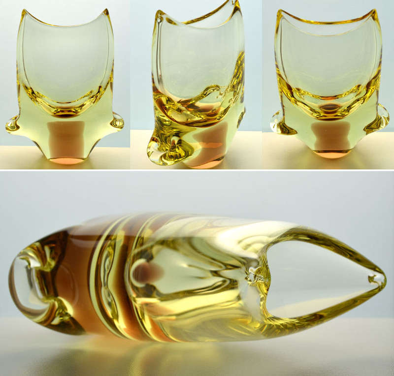 ELEGANT 1960s ZBS CITRINE CZECH ART GLASS SCULPTURAL OBJECT: DESIGN PROF M KLINGER (1922-1999)
