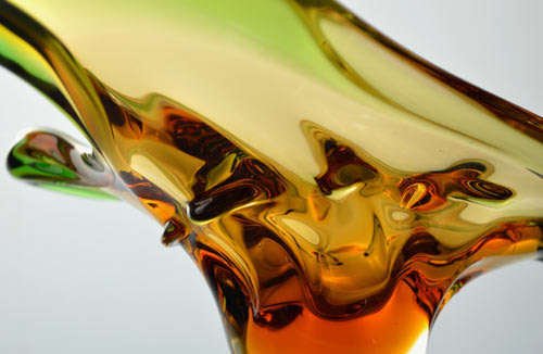 * BARGAIN! A DAZZLING, VERY LARGE GREEN AND AMBER CZECH ART GLASS MSTISOV / MOSER BOWL 1970/1980s