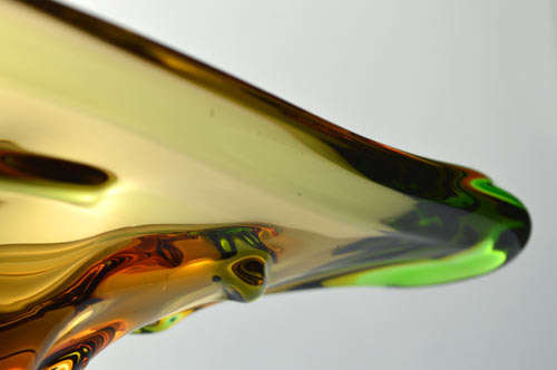 * BARGAIN! A DAZZLING, VERY LARGE GREEN AND AMBER CZECH ART GLASS MSTISOV / MOSER BOWL 1970/1980s