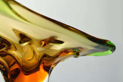 * BARGAIN! A DAZZLING, VERY LARGE GREEN AND AMBER CZECH ART GLASS MSTISOV / MOSER BOWL 1970/1980s