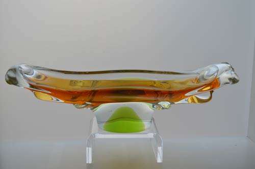 PALE AMBER & GREEN CZECH ART GLASS CHRIBSKA BOWL DESIGNED BY PROF JOSEF HOSPODKA