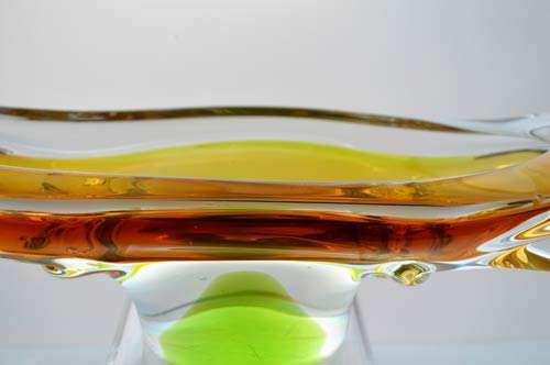 PALE AMBER & GREEN CZECH ART GLASS CHRIBSKA BOWL DESIGNED BY PROF JOSEF HOSPODKA