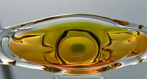 PALE AMBER & GREEN CZECH ART GLASS CHRIBSKA BOWL DESIGNED BY PROF JOSEF HOSPODKA