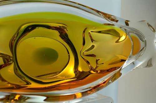PALE AMBER & GREEN CZECH ART GLASS CHRIBSKA BOWL DESIGNED BY PROF JOSEF HOSPODKA