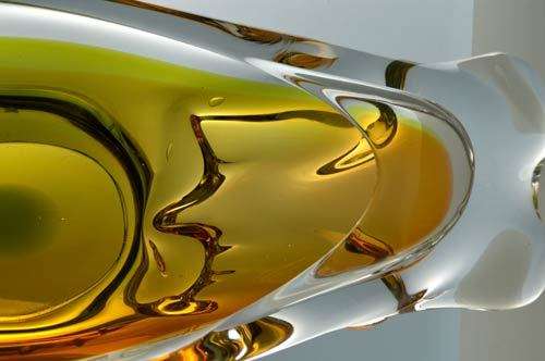 PALE AMBER & GREEN CZECH ART GLASS CHRIBSKA BOWL DESIGNED BY PROF JOSEF HOSPODKA