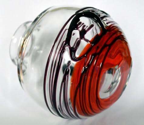 RARE & HIGHLY SOUGHT AFTER MODERN MOSER SUHAJEK VASE WITH RED AND BLACK/PURPLE RANDOM STRAPS