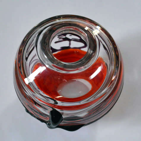 RARE & HIGHLY SOUGHT AFTER MODERN MOSER SUHAJEK VASE WITH RED AND BLACK/PURPLE RANDOM STRAPS