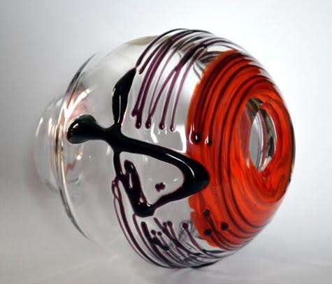 RARE & HIGHLY SOUGHT AFTER MODERN MOSER SUHAJEK VASE WITH RED AND BLACK/PURPLE RANDOM STRAPS