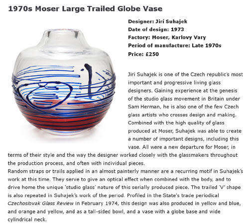 RARE & HIGHLY SOUGHT AFTER MODERN MOSER SUHAJEK VASE WITH RED AND BLACK/PURPLE RANDOM STRAPS