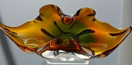 * AMBER & GREEN CZECH ART GLASS CHRIBSKA BOWL DESIGNED BY PROF JOSEF HOSPODKA