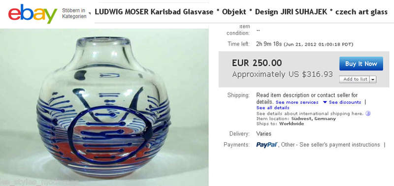 RARE & HIGHLY SOUGHT AFTER MODERN MOSER SUHAJEK VASE WITH RED AND BLACK/PURPLE RANDOM STRAPS