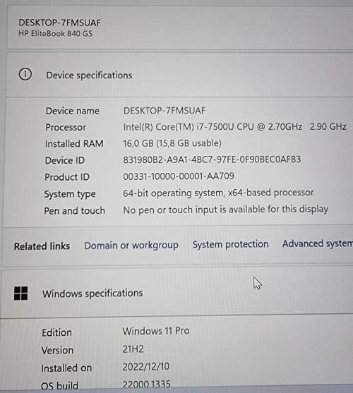 HP Elitebook 840 G5, Intel Core i7-7500, 16GB RAM, 256GB SSD