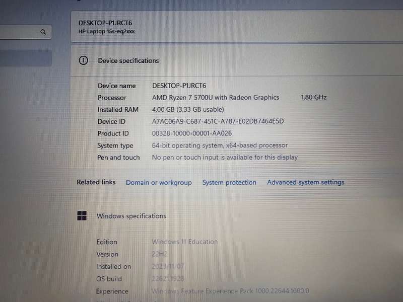 HP 15s Ryzen 7 5700U with Radeon Graphics 8GB RAM 512GB NVME SSD