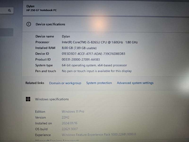 HP 250 G7 i5-8265U (8th gen) 8GB RAM 256GB Nvme SSD *New battery*