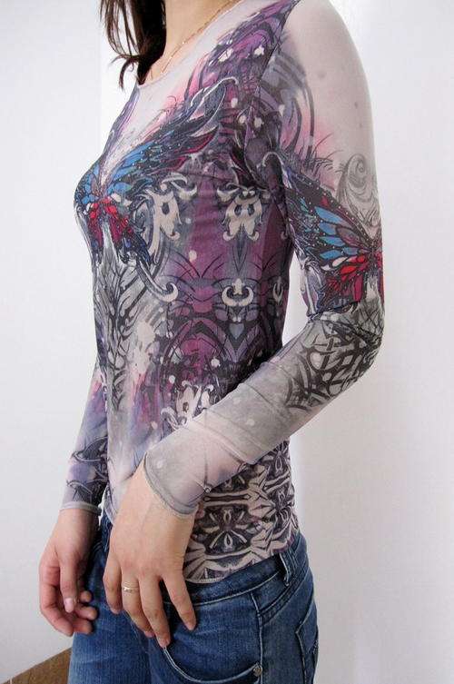 Purple Butterfly Tattoo Long Sleeve Shirt- One Size
