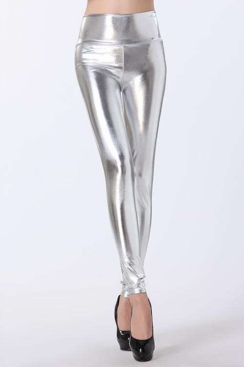 Leggings - Silver High Waist Leggings / clubwear leggings - One Size
