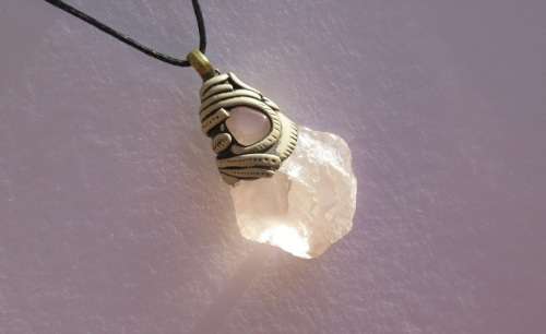 RESERVED Raw Rose Quartz Pendant - Brass ring - with slipknots on cotton wax-cord - 4.25cm/1.75"