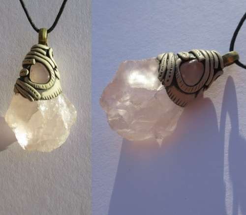 RESERVED Raw Rose Quartz Pendant - Brass ring - with slipknots on cotton wax-cord - 4.25cm/1.75"