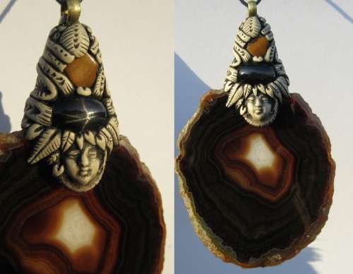 Large Onyx pendant with Diopside topstone and tribal clay face - unique #angelic 10.5 x 6.5cm