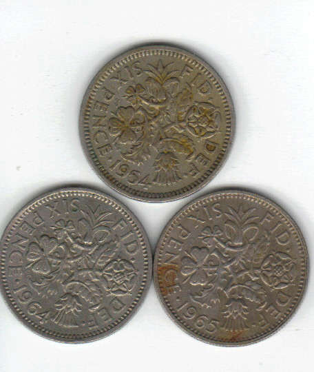 1x1954 - 1x1964 - 1x1965 - Queen Elizabeth II - 6D - Sixpence.