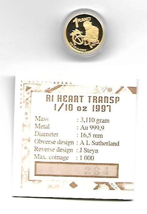 1997 1/10TH 24 CRT GOLD - 1 RAND PROOF HEART TRANSPLANT IN S A MINT BOX