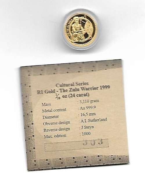 1999 1/10TH 24 CRT GOLD - R1 - PROOF THE ZULU NATION IN S A MINT BOX