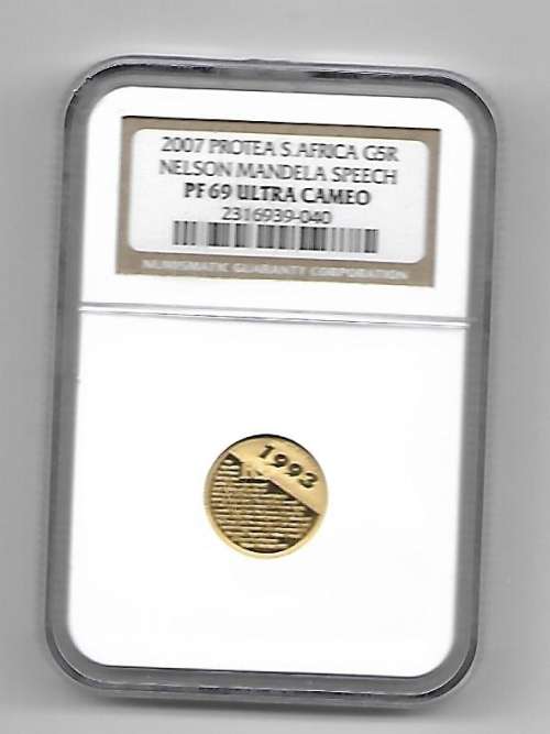 2007 1/10 24crt GOLD PROTEA SA R5 NELSON MANDELA SPEECH 1993 GRADED PF69 ULTRA CAMEO