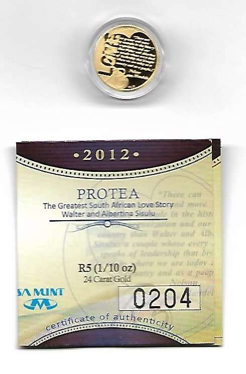 2012 1/10 24 crt GOLD PROTEA SA R5 - THE SISULUS - IN S A MINT BOX