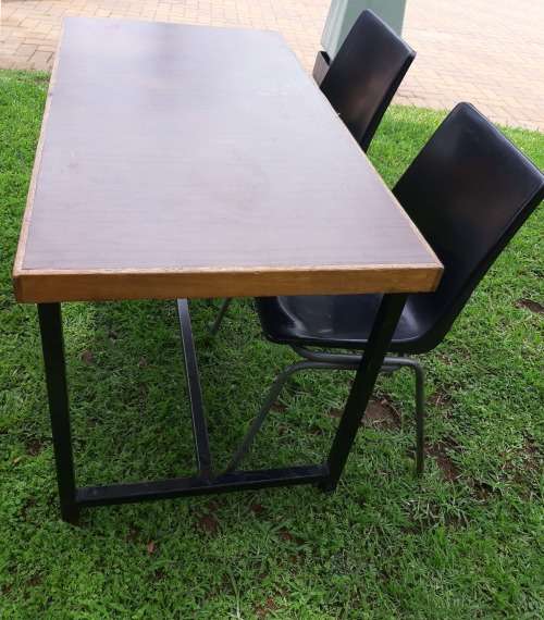 Wooden Desk And 2  x Black Plastic Steel Framed Chair (Lot 2 ) - Second Hand: CLEARANCE SALE