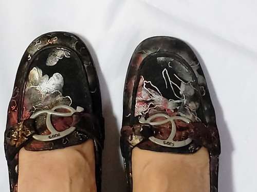 Genuine  Suede leather shoes with printed gold and silver pattern