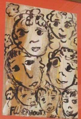 Original F Claerhout Acrylic on brown paper...Seven Faces....410 x 570mm..unframed
