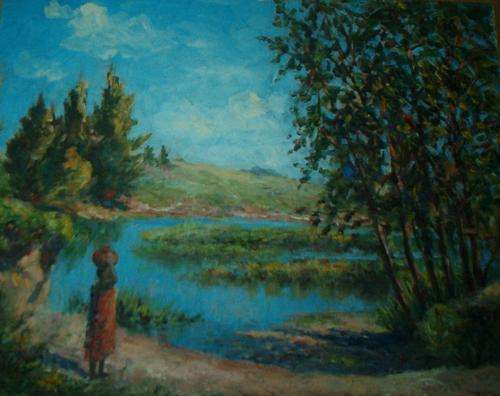 Original Oil,  - Maiden with Container at Water Side