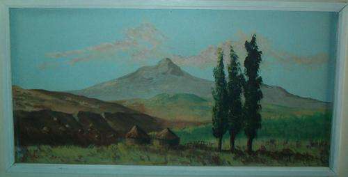 AFRICAN HUTS IN LANDSCAPE - OIL ON BOARD - SIGNED