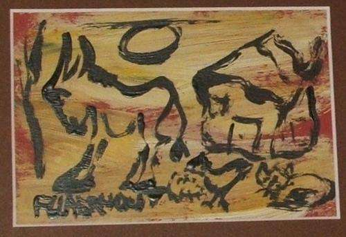 Donkey,cat chicken and house in moonlight.....original F. Claerhout....painting 100 x 150mm