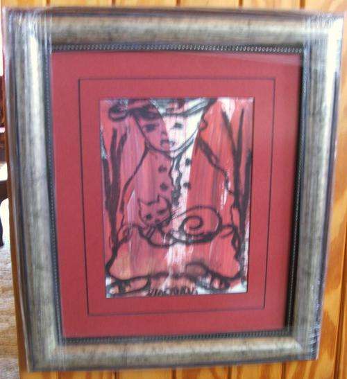 Boy with cat on lap-pinks Original F. Claerhout in stunning frame....painting size-150 x 200mm