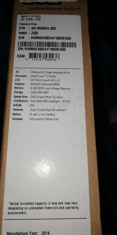 Acer Aspire V14 Touch i7 - 4510U FOR SPARES