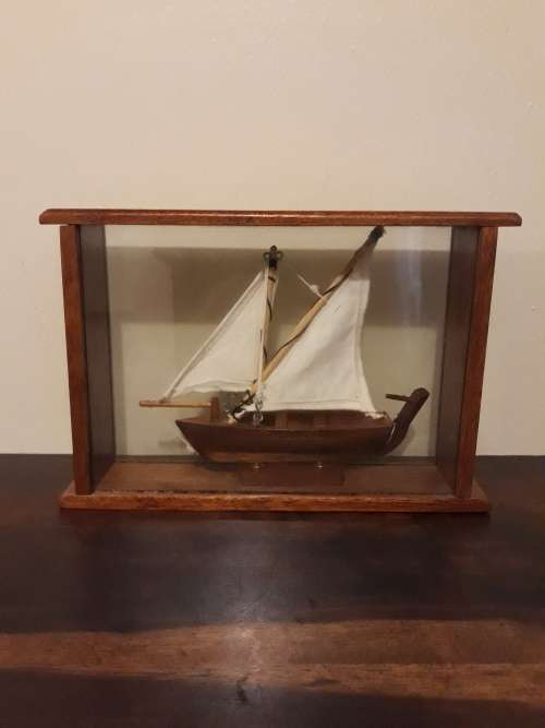 Vintage Hand-Made Wooden Ship in a Glass Box