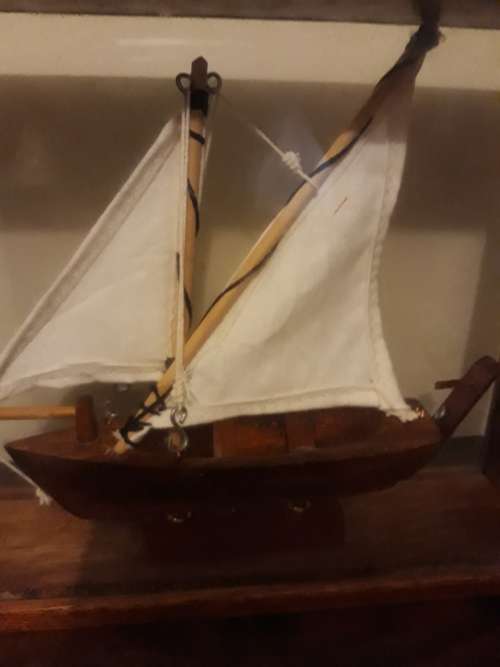 Vintage Hand-Made Wooden Ship in a Glass Box