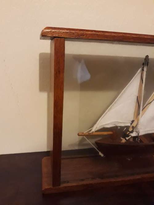 Vintage Hand-Made Wooden Ship in a Glass Box