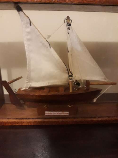 Vintage Hand-Made Wooden Ship in a Glass Box