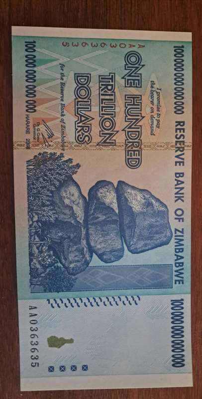 Reserve Bank of Zimbabwe One Hundred Trillion dollars. Mint condition.