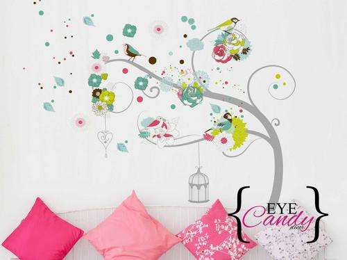 Bespoke Vintage curly tree with birds vinyl wall decal interior decor