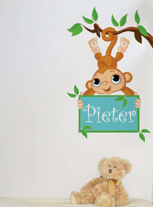 PINK Customised personalised monkey with branch with childs name wall Sticker  Art Interior design -