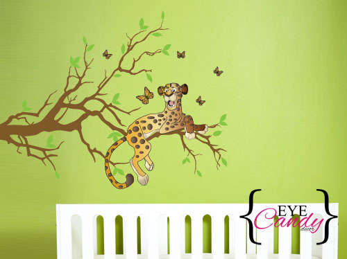 Max the leopard catching butterflies in his branch Vinyl Wall Art Sticker Decal Vinyl Tattoo Decor