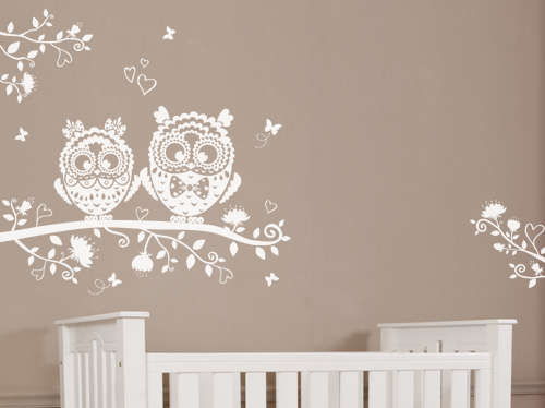 Cute owls on branch with leaves baby kids wall stickers- decal to decorate childrens room