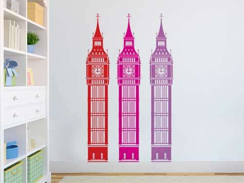 3 x Big Ben large vinyl wall decal stickers in blue, mustard and bright pink, grab a bargain!!