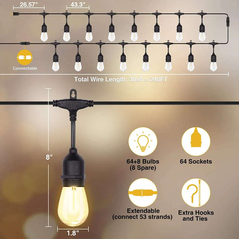 20M Waterproof Led Bulb String Lights Outdoor Street Garden Holiday String Lights