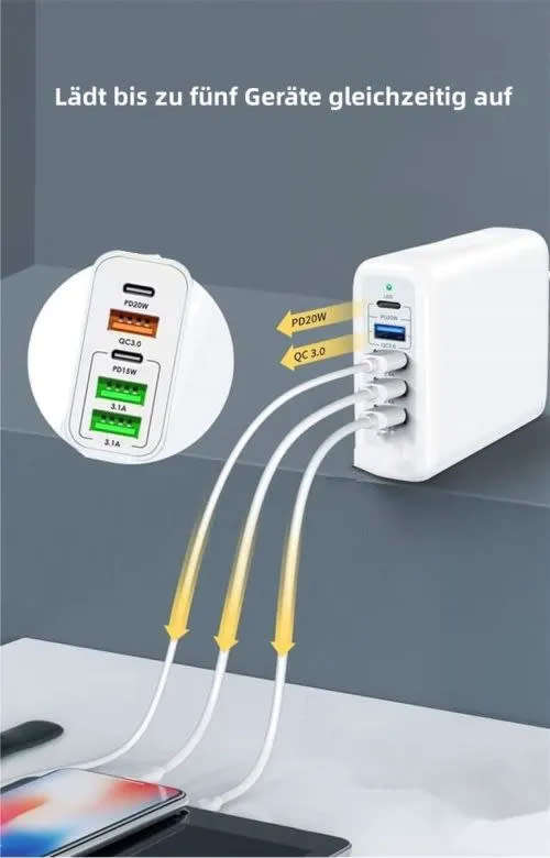65W Usb C Charger, 5-Port Mobile Phone Charger