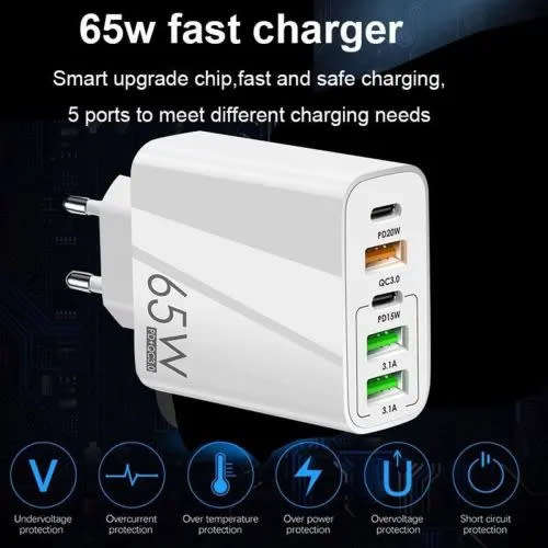 65W Usb C Charger, 5-Port Mobile Phone Charger