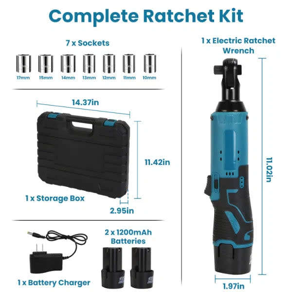 Portable 3/8` Cordless Electric Ratchet Wrench Set Right Angle Wrench With 2 Pieces 1200mah Battery